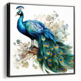 Framed canvas wall art featuring an intricate peacock design with vibrant colors and elegant detailing, showcased in a sleek black frame for a modern aesthetic. Perfect for enhancing interior decor with a touch of nature-inspired elegance.