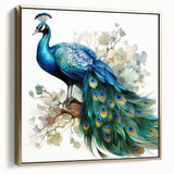 Framed canvas wall art showcasing an elegant peacock design with intricate golden details, set against a rich, textured background, perfect for modern home decor.