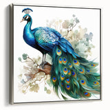 Framed canvas wall art showcasing an elegant peacock design in vibrant colors, set against a silver frame, perfect for enhancing modern decor.