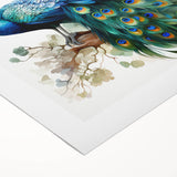 Vibrant peacock design wall art on rolled canvas, showcasing intricate feather details in rich blues and greens, perfect for enhancing home decor.