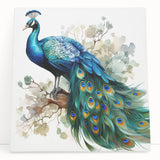 Stretched canvas wall art featuring a vibrant peacock design with rich blue and green hues, adding an elegant touch to modern decor settings.