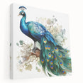 Vibrant peacock-themed stretched canvas wall art showcasing intricate feather patterns in rich blues and greens, perfect for adding elegance to any decor.