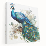 Vibrant peacock-themed stretched canvas wall art showcasing intricate feather patterns in rich blues and greens, perfect for adding elegance to any decor.