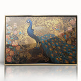 Framed wall art featuring an elegant peacock design in vibrant colors, showcasing intricate details and a gold-accented frame, perfect for enhancing home decor.