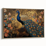 Framed wall art showcasing an elegant peacock design in vibrant colors, featuring intricate details and a luxurious gold frame, ideal for enhancing home decor.