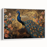 Framed canvas wall art featuring a vibrant peacock design, showcasing intricate feather details against a white background, ideal for home decor.
