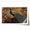 Vibrant peacock design rolled print wall art featuring intricate patterns and vivid colors, elegantly packaged in a protective cardboard tube for display or gifting.