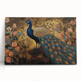 Vibrant peacock design stretched canvas wall art, showcasing intricate colors and patterns, perfect for adding elegance to any room decor.