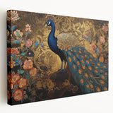 Vibrant peacock design wall art on stretched canvas, showcasing intricate details and bold colors, perfect for enhancing home décor and artistic ambiance.