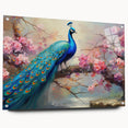 Colorful acrylic glass wall art featuring an intricate peacock design, elegantly displayed from the side view with decorative pins, perfect for enhancing modern interiors.