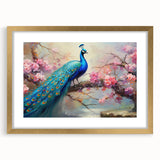 Peacock design wall art framed in gold with a mat, showcasing vibrant colors and intricate details, perfect for adding elegance to home decor.