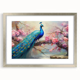 Elegant silver-framed wall art featuring a vibrant peacock design, showcasing intricate details and rich colors, perfect for home decor enhancement.