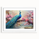 Framed wall art featuring an elegant peacock design with vibrant colors and intricate details, set in a white mat for a modern touch, perfect for home decor.