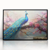 Framed wall art featuring a vibrant peacock design in acrylic with a sleek black frame, showcasing intricate details and vivid colors, perfect for modern decor.