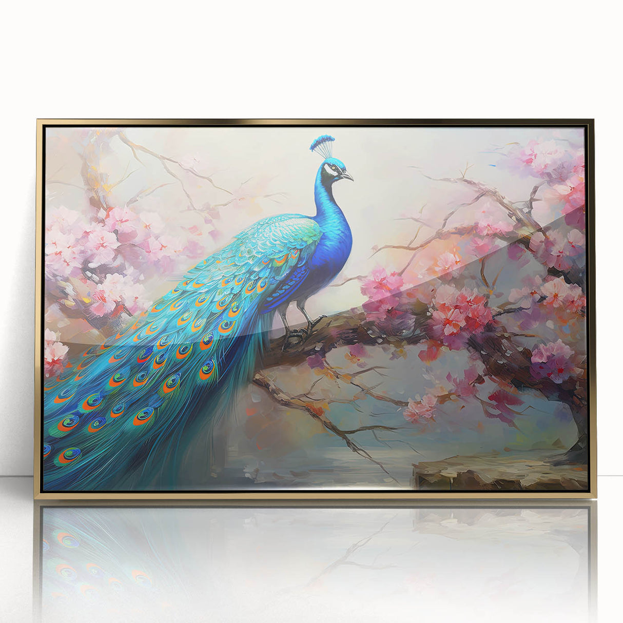Framed wall art featuring a vibrant peacock design with intricate details in gold and blue hues, perfect for enhancing any living space or art collection.