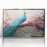 Framed wall art featuring a vibrant peacock design in rich colors, set in an elegant silver frame, perfect for enhancing modern home decor. Ideal for bird lovers and art enthusiasts.