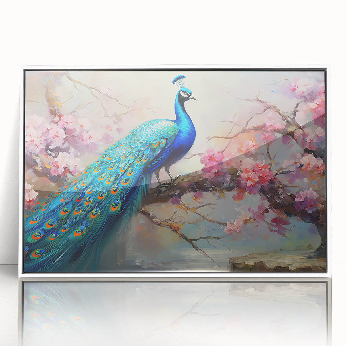 Framed wall art featuring a vibrant peacock design with intricate details in blue and green hues, set against a white background, perfect for enhancing modern decor.