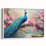 Framed wall art featuring a vibrant peacock design on canvas, showcasing intricate details and rich colors, set against a white backdrop, ideal for home decor.