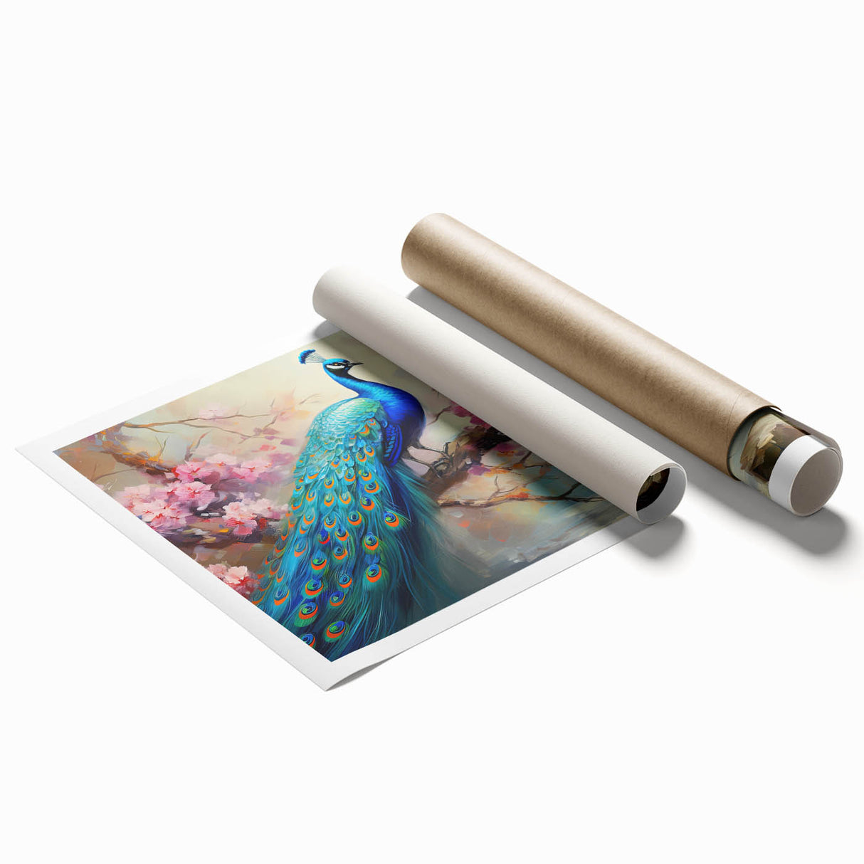 Vibrant peacock-themed wall art print showcasing intricate feather designs in rich blues and greens, rolled for easy shipping and display. Perfect for home decor.