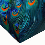 Vibrant close-up of a peacock design wall art piece on stretched canvas, showcasing intricate details and rich colors, ideal for enhancing modern home decor.
