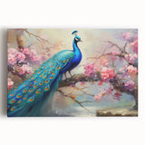 Stretched canvas wall art featuring a vibrant peacock design with intricate details in blue and green hues, perfect for adding elegance to any space.