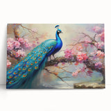 Stretched canvas artwork showcasing an elegant peacock design in vibrant colors, perfect for enhancing home decor with a touch of nature-inspired beauty.