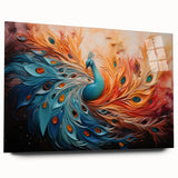 Elegant peacock design wall art displayed in a sleek acrylic frame, showcasing vibrant blues and greens, perfect for adding a touch of sophistication to any room.