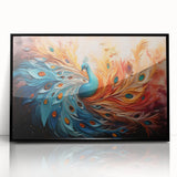 Framed wall art featuring a stunning peacock design in vibrant colors, set against a black background, perfect for adding elegance to any interior decor.