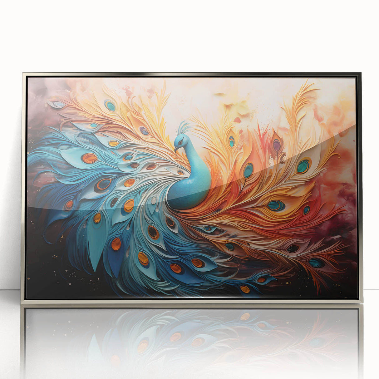 Framed wall art featuring a stunning peacock design in vibrant colors, presented with an elegant silver frame, perfect for enhancing modern home decor.