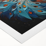 Vibrant peacock design wall art on rolled canvas, showcasing intricate feather details in bold blues and greens, ideal for colorful home decor accent pieces.