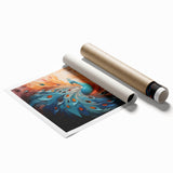 Vibrant peacock-themed wall art print showcasing intricate feather patterns in rich blues and greens, rolled and ready for display in home decor.