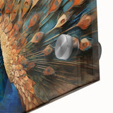 Close-up of a vibrant peacock-themed wall art piece, featuring intricate acrylic glass design with rich colors and fine details, ideal for modern home decor.