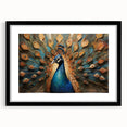 Framed wall art featuring a vibrant peacock design with intricate details, set in a sleek black frame and mat, perfect for enhancing modern home decor.