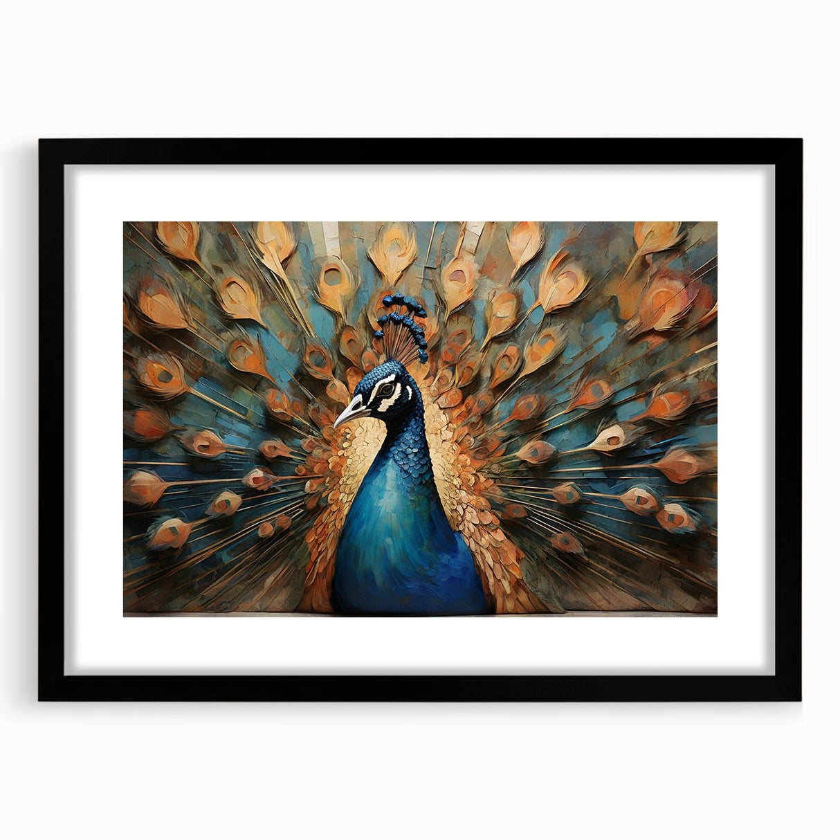 Framed wall art featuring a vibrant peacock design with intricate details, set in a sleek black frame and mat, perfect for enhancing modern home decor.