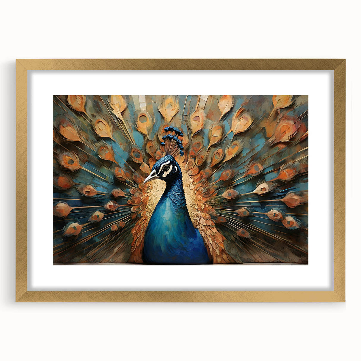 Peacock design wall art framed in gold, showcasing intricate feather details and vibrant colors, perfect for enhancing home decor in living spaces or galleries.