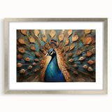 Elegant silver-framed wall art featuring a vibrant peacock design, showcasing intricate details and rich colors, perfect for enhancing home decor aesthetics.