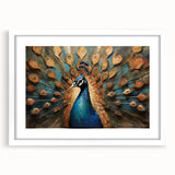 Elegant peacock design wall art framed in white, showcasing vibrant colors and intricate feather details, perfect for enhancing home decor with a touch of nature.