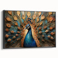 Framed wall art featuring a vibrant peacock design in rich colors, showcasing intricate details on textured canvas with a stylish black frame, perfect for home decor.