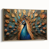 Framed canvas wall art showcasing an elegant peacock design in vibrant colors, featuring intricate details and a gold frame, ideal for home decor.