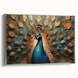 Elegant framed canvas wall art depicting a detailed peacock design with vibrant colors, showcasing intricate feathers against a silver background. Perfect for adding a touch of sophistication to any room's decor.