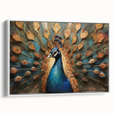 Framed wall art featuring an elegant peacock design in vibrant colors, displayed in a white frame, ideal for enhancing modern home decor.