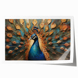 Vibrant peacock design wall art print showcasing intricate feathers in rich blue and green hues, rolled for easy display and shipping in a protective tube.