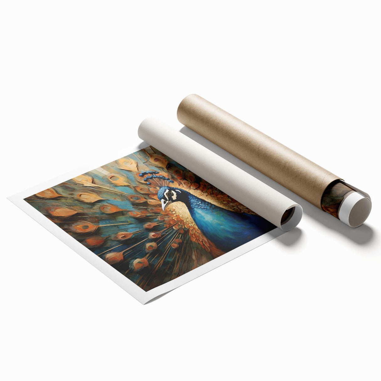 Vibrant peacock design wall art print showcasing intricate feather patterns in shades of blue and green, elegantly rolled and ready for framing.