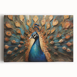 Vibrant peacock design wall art on stretched canvas, showcasing rich blues and greens, perfect for home decor to enhance any living space with elegance.