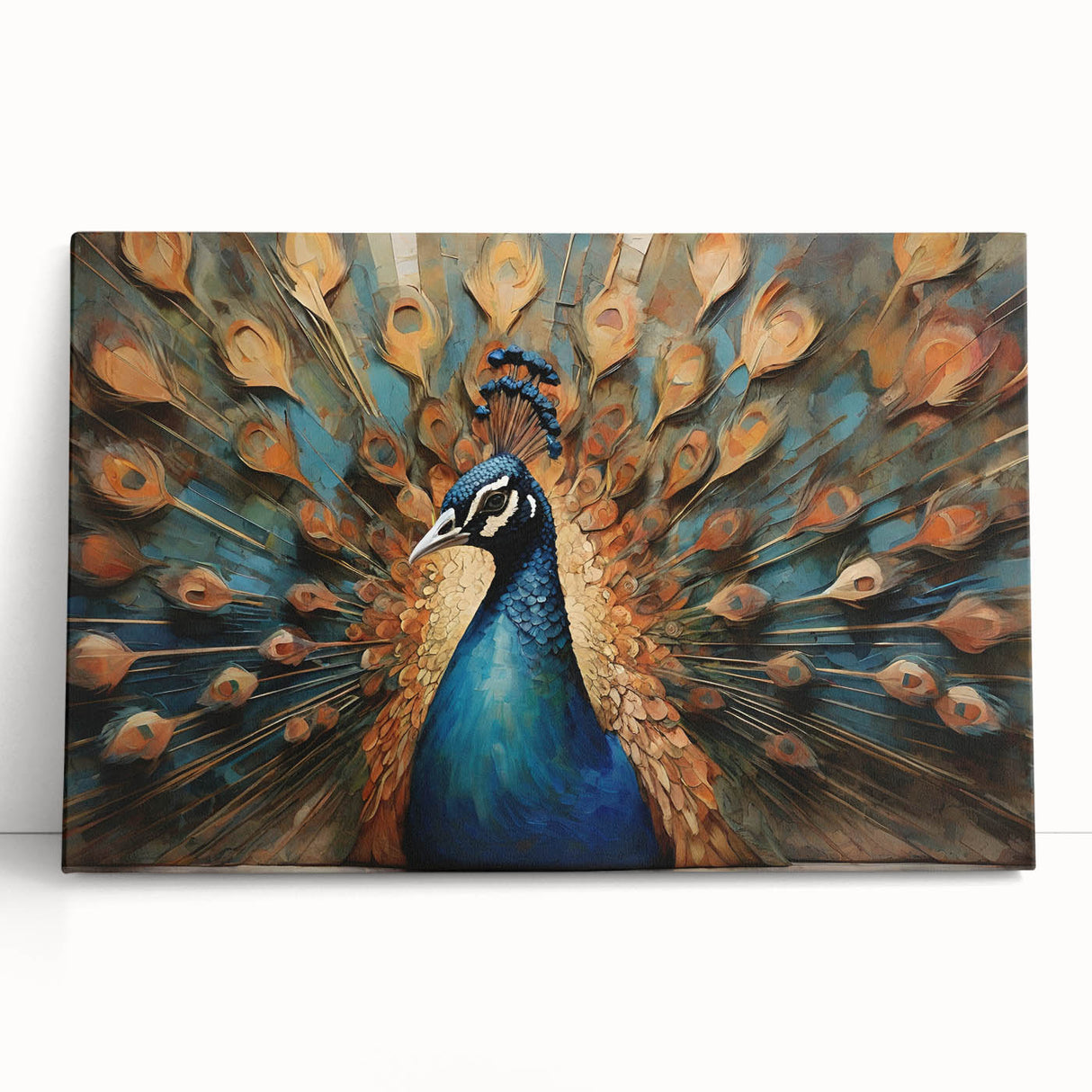 Stretched canvas wall art depicting an elegant peacock design with vibrant colors, perfect for enhancing modern home decor. Ideal for nature lovers and art enthusiasts.