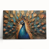 Stretched canvas wall art depicting an elegant peacock design with vibrant colors, perfect for enhancing modern home decor. Ideal for nature lovers and art enthusiasts.