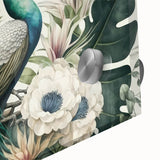 Close-up of a vibrant peacock design wall art piece, showcasing intricate details and rich colors on acrylic glass, perfect for enhancing modern decor.