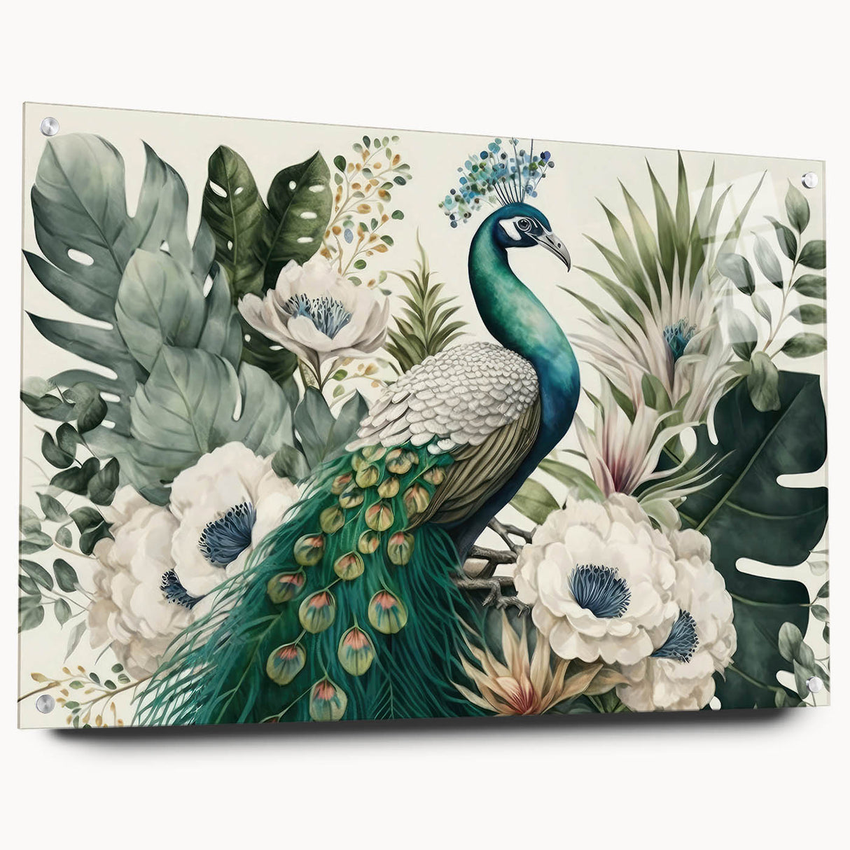 Acrylic wall art featuring a vibrant peacock design, showcased from the side with decorative pins, perfect for adding a touch of elegance to any modern decor.