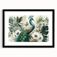 Elegant black-framed wall art showcasing a vibrant peacock design, perfect for enhancing home decor with its intricate details and bold colors, ideal for art enthusiasts.