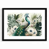Elegant black-framed wall art showcasing a vibrant peacock design, perfect for enhancing home decor with its intricate details and bold colors, ideal for art enthusiasts.